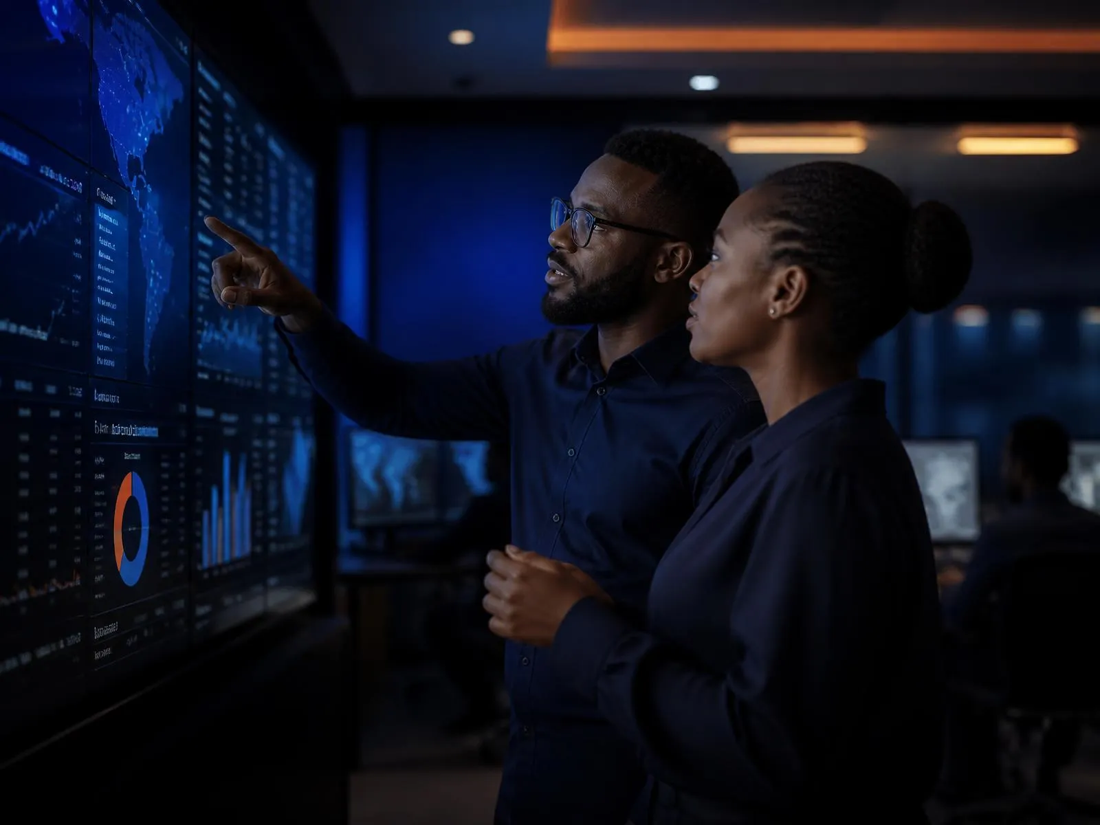 Technology specialists reviewing enterprise systems on a wall of dashboards